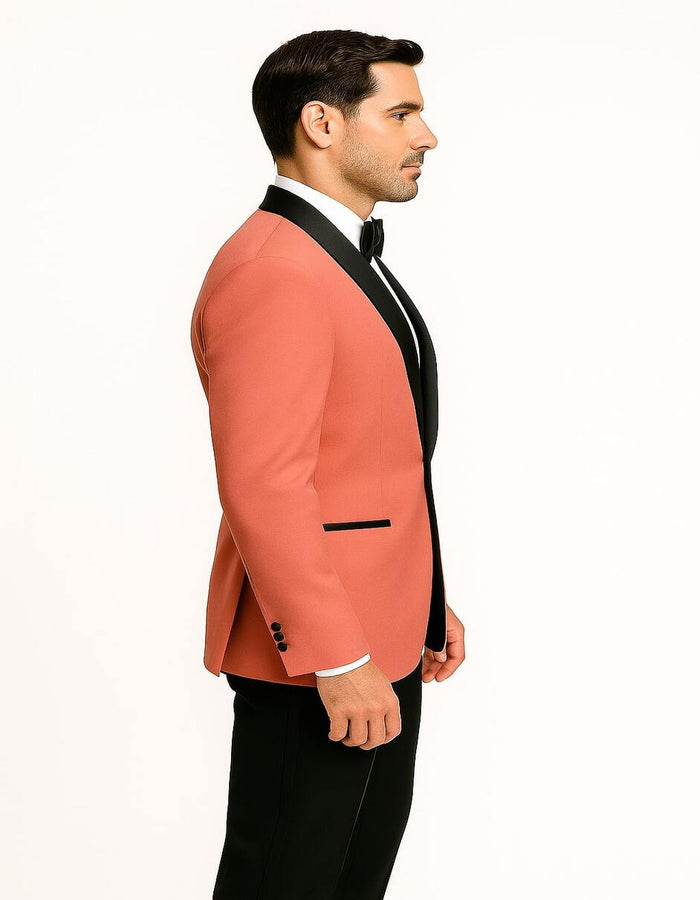 Mens Coral Pink Tuxedo Jacket with Black Satin Shawl Lapel Velvet Fabric- Modern Slim Fit Formal Blazer