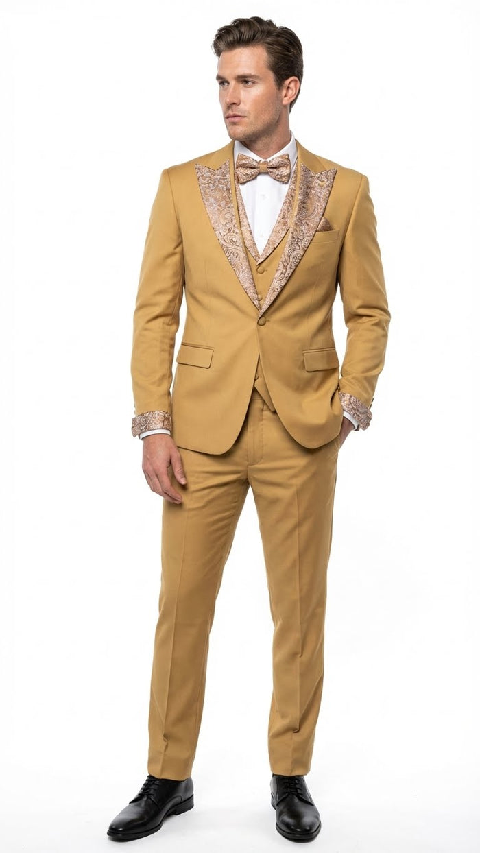 Men's Gold Embellished Tuxedo Suit + Bowtie Slim Fit Jacket, Vest and Tailored Pants