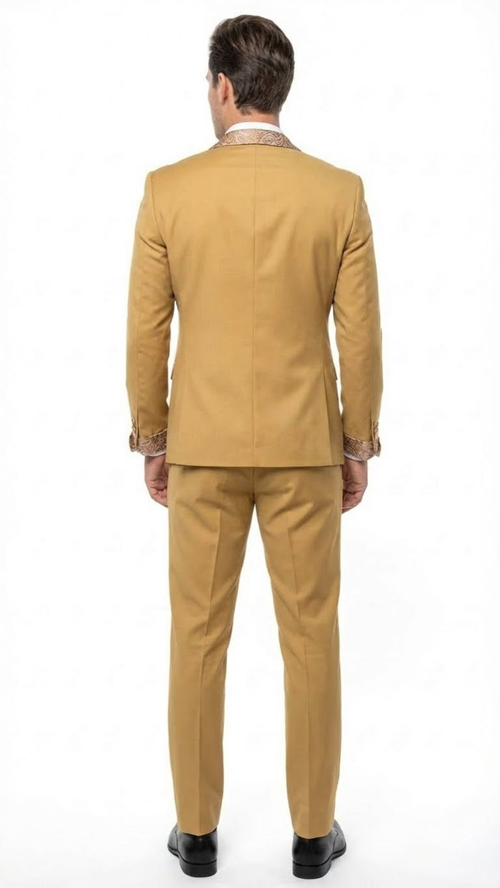 Men's Gold Embellished Tuxedo Suit + Bowtie Slim Fit Jacket, Vest and Tailored Pants
