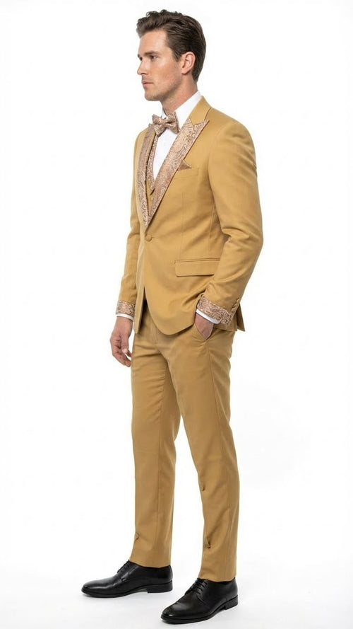 Men's Gold Embellished Tuxedo Suit + Bowtie Slim Fit Jacket, Vest and Tailored Pants