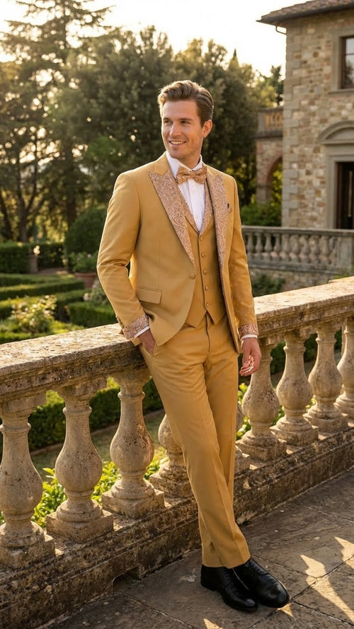 Men's Gold Embellished Tuxedo Suit + Bowtie Slim Fit Jacket, Vest and Tailored Pants