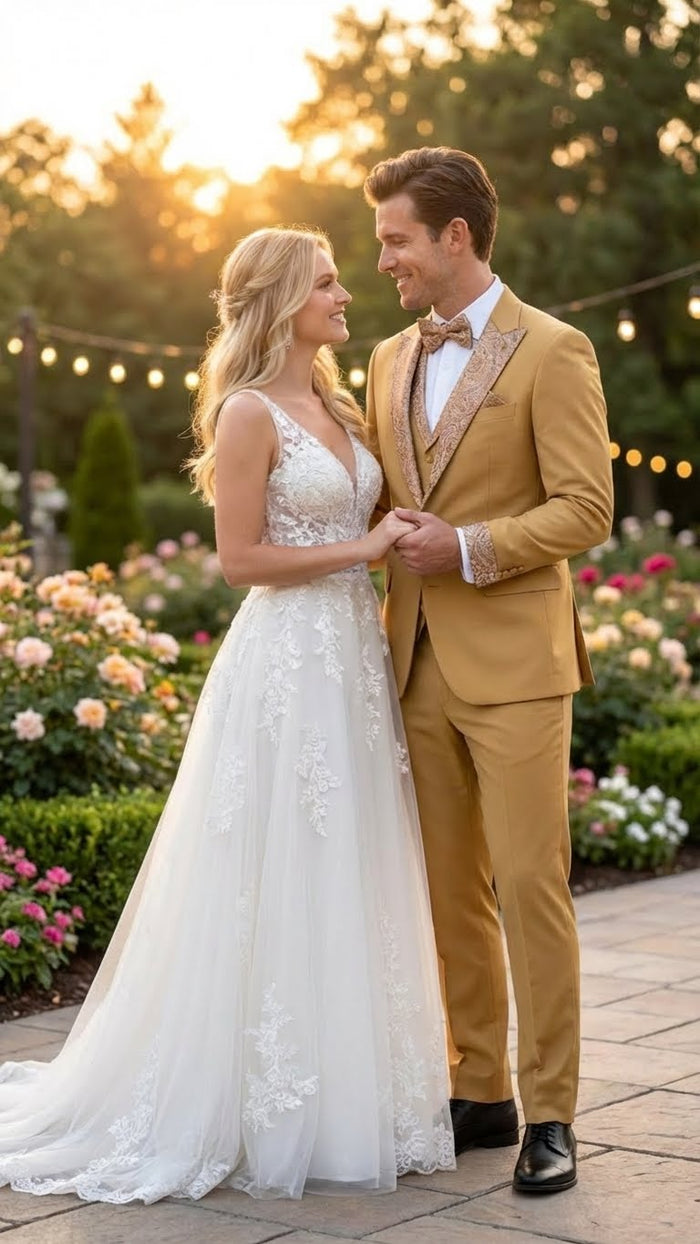 Men's Gold Embellished Tuxedo Suit + Bowtie Slim Fit Jacket, Vest and Tailored Pants