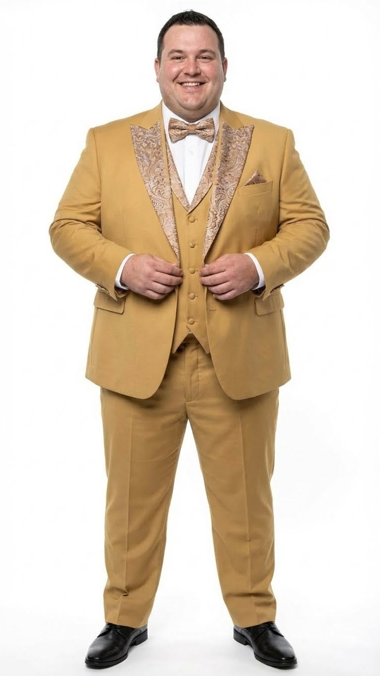 Men's Gold Embellished Tuxedo Suit + Bowtie – Slim Fit Jacket, Vest and Tailored Pants - 34 Short or Extra Small