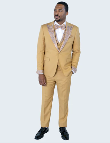 Men's Gold Embellished Tuxedo Suit + Bowtie Slim Fit Jacket, Vest and Tailored Pants