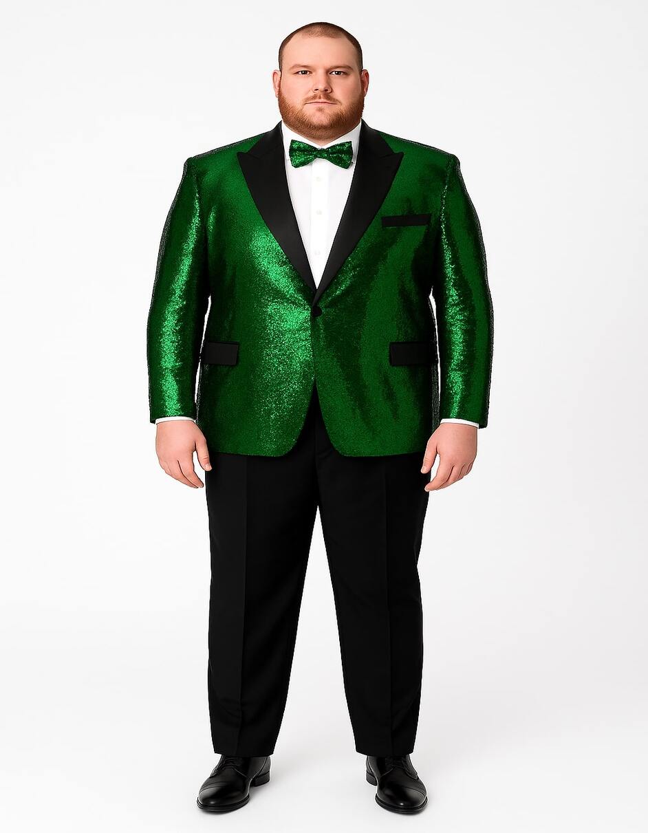 Men's Green Sequin Tuxedo Jacket with Black Satin Lapel and Bow Tie â€“ Sparkling Party and Stage Blazer By Alberto Nardoni - 34 Short or Extra Small