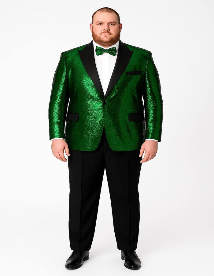 Men's Green Sequin Tuxedo Jacket with Black Satin Lapel and Bow Tie â€“ Sparkling Party and Stage Blazer By Alberto Nardoni