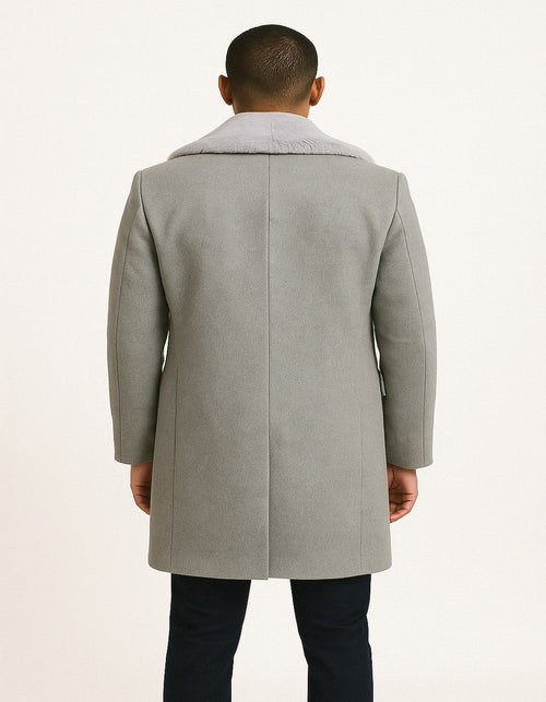 Mens Grey Wool Overcoat with Plush Faux Fur Shawl Collar - Winter Luxury Coat