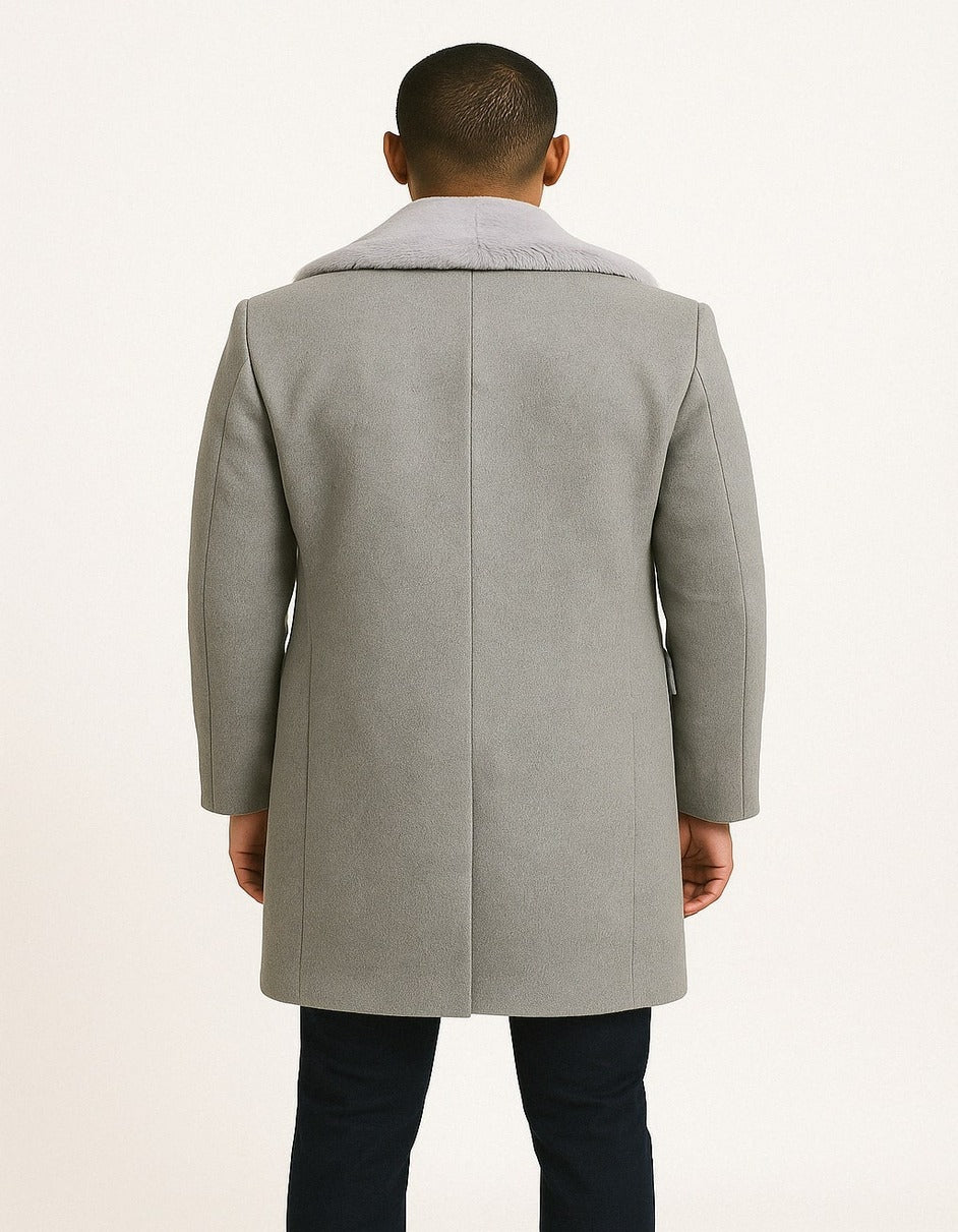 Men’s Grey Wool Overcoat with Plush Faux Fur Shawl Collar – Winter Luxury Coat - Coat Size 38