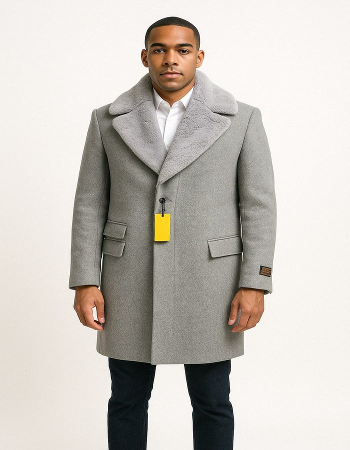 Mens Grey Wool Overcoat with Plush Faux Fur Shawl Collar - Winter Luxury Coat