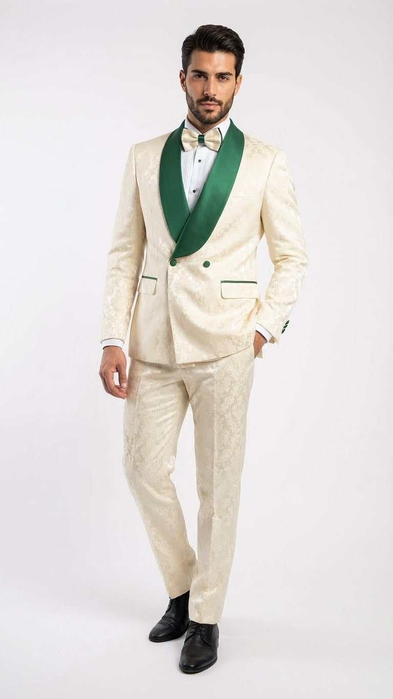 Men's Ivory and Emerald Green Jacquard Tuxedo Suit + Bowtie – 3-Piece Formal Wedding, Prom, and Gala Outfit - 34 Short or Extra Small