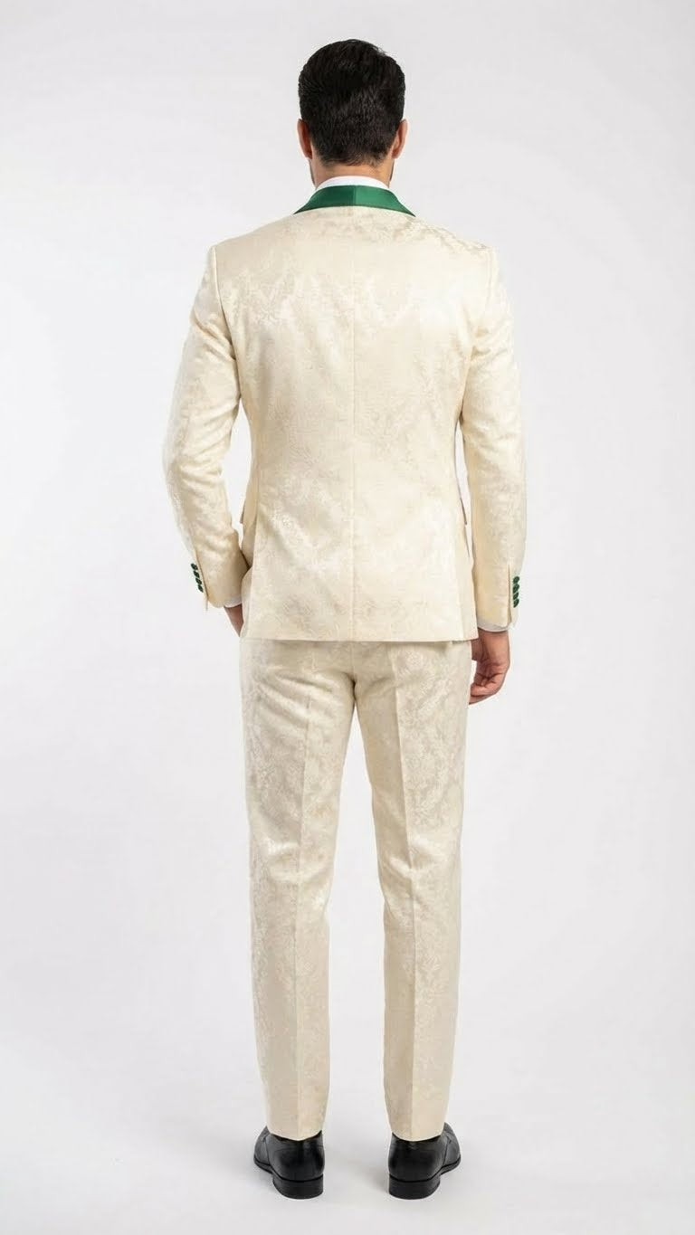 Men's Ivory and Emerald Green Jacquard Tuxedo Suit + Bowtie – 3-Piece Formal Wedding, Prom, and Gala Outfit - 34 Short or Extra Small