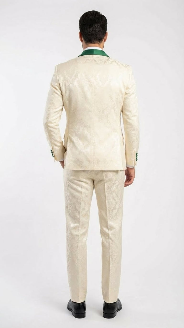 Men's Ivory and Emerald Green Jacquard Tuxedo Suit + Bowtie 3-Piece Formal Wedding, Prom, and Gala Outfit