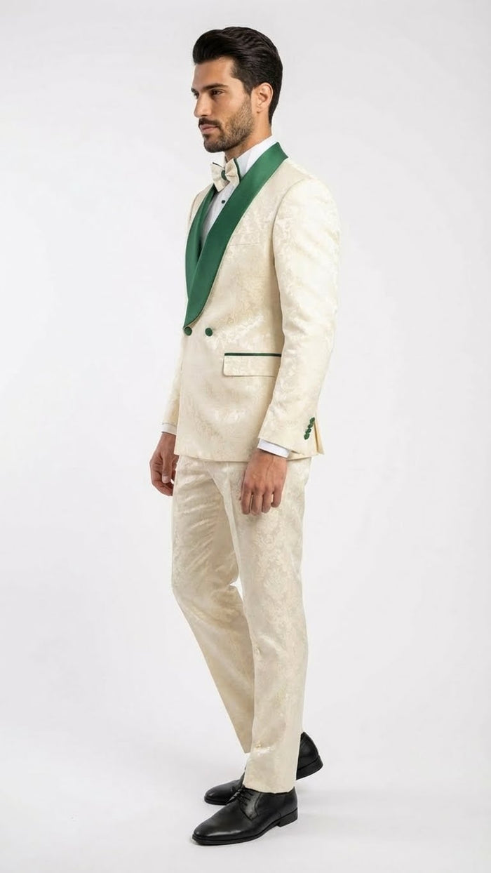 Men's Ivory and Emerald Green Jacquard Tuxedo Suit + Bowtie 3-Piece Formal Wedding, Prom, and Gala Outfit