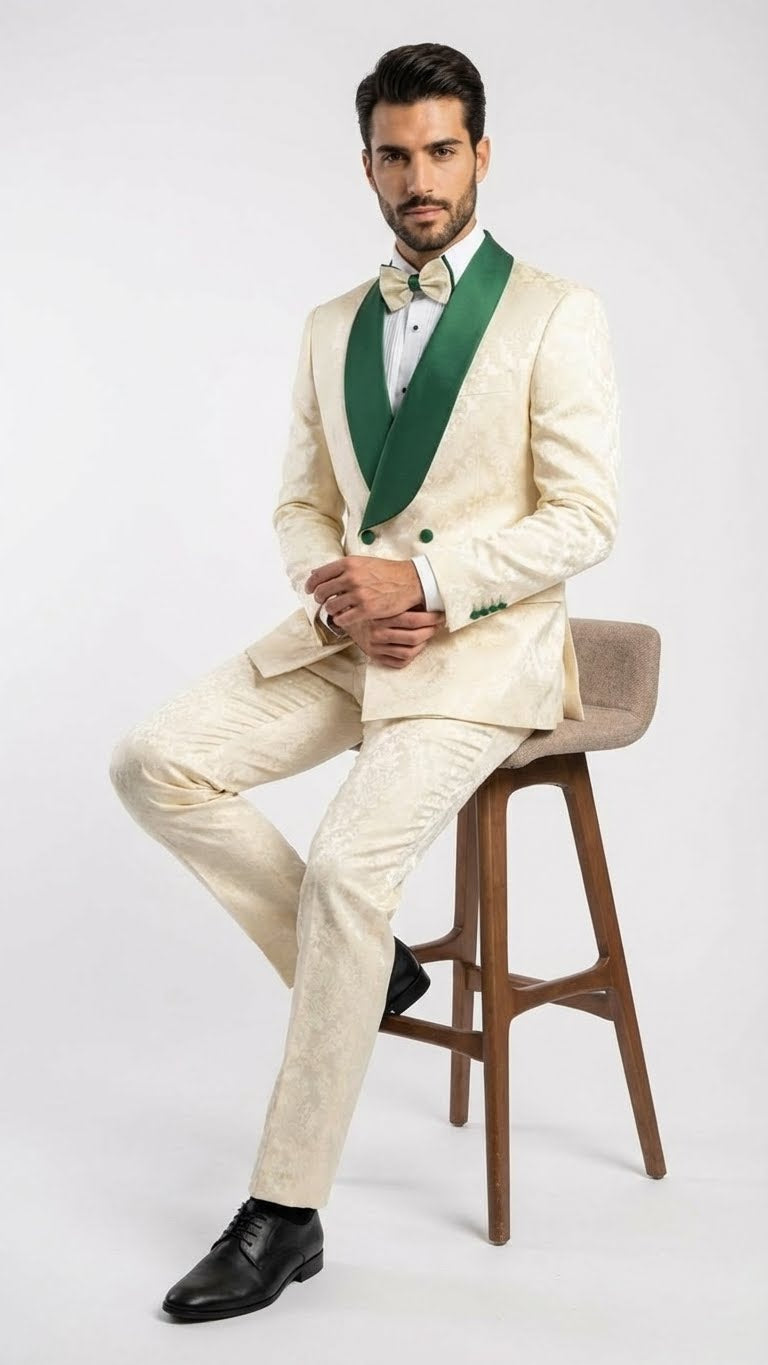 Men's Ivory and Emerald Green Jacquard Tuxedo Suit + Bowtie – 3-Piece Formal Wedding, Prom, and Gala Outfit - 34 Short or Extra Small