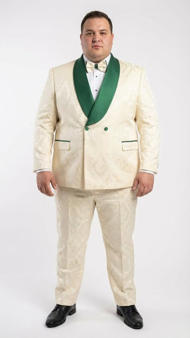 Men's Ivory and Emerald Green Jacquard Tuxedo Suit + Bowtie – 3-Piece Formal Wedding, Prom, and Gala Outfit - 34 Short or Extra Small