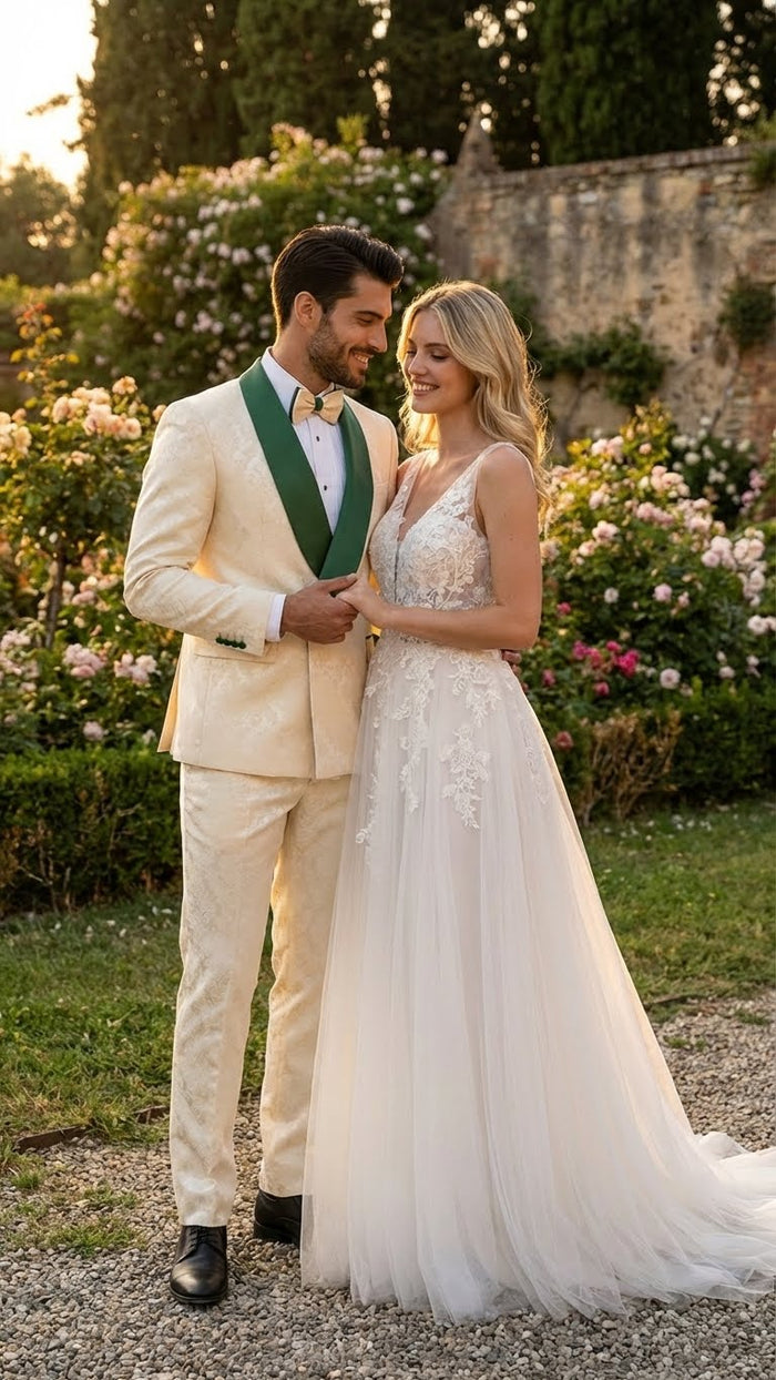 Men's Ivory and Emerald Green Jacquard Tuxedo Suit + Bowtie 3-Piece Formal Wedding, Prom, and Gala Outfit