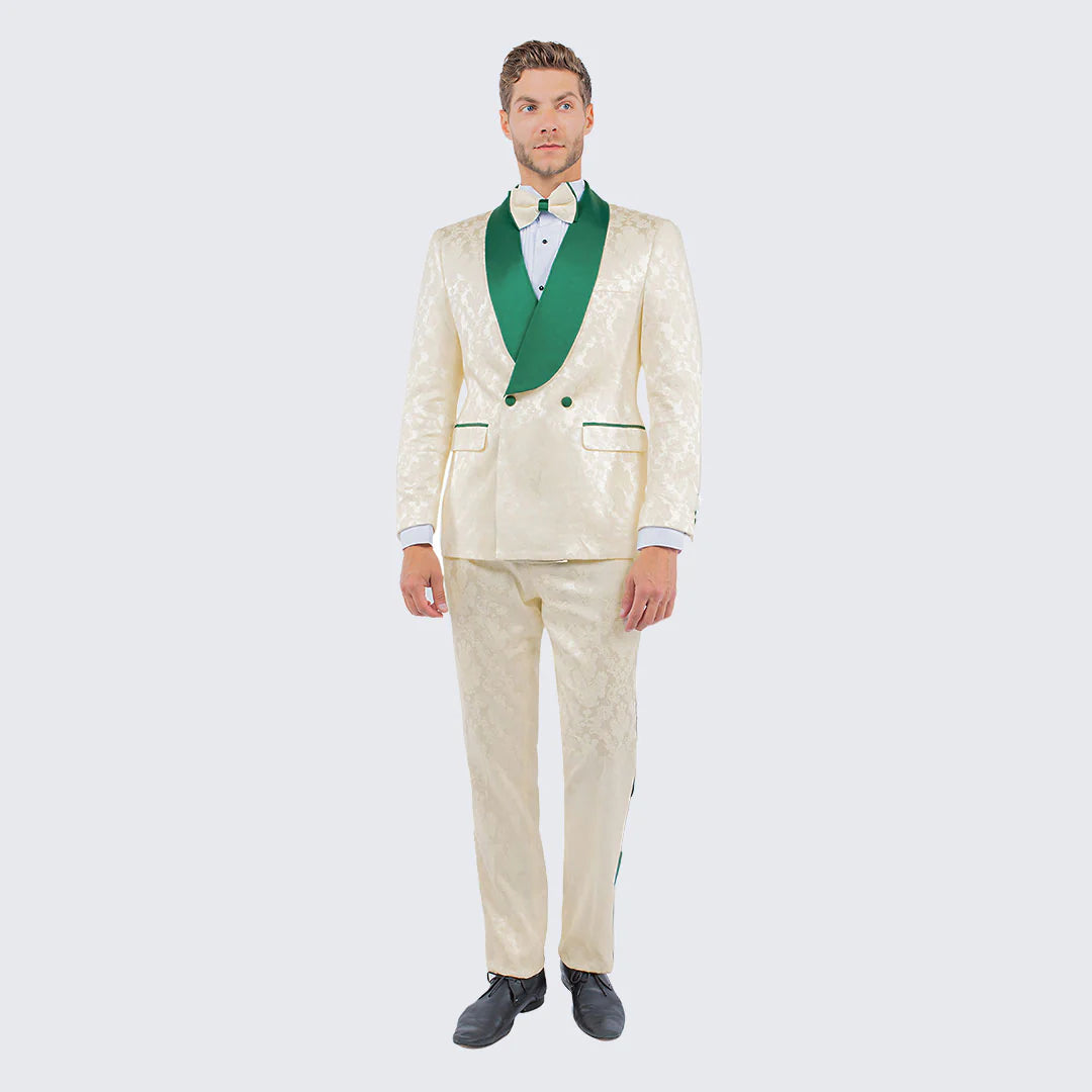 Men's Ivory and Emerald Green Jacquard Tuxedo Suit + Bowtie – 3-Piece Formal Wedding, Prom, and Gala Outfit - 34 Short or Extra Small