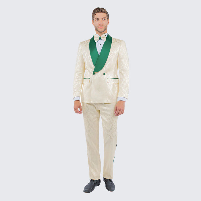 Men's Ivory and Emerald Green Jacquard Tuxedo Suit + Bowtie 3-Piece Formal Wedding, Prom, and Gala Outfit