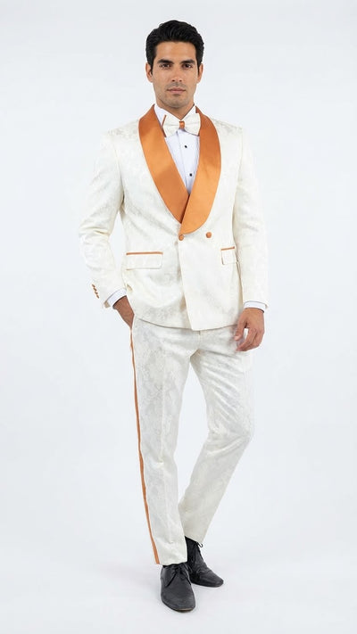 Men's Ivory and Gold Jacquard Tuxedo Suit + Bowtie Formal Wedding, Prom, and Gala Outfit in Cream Off White color