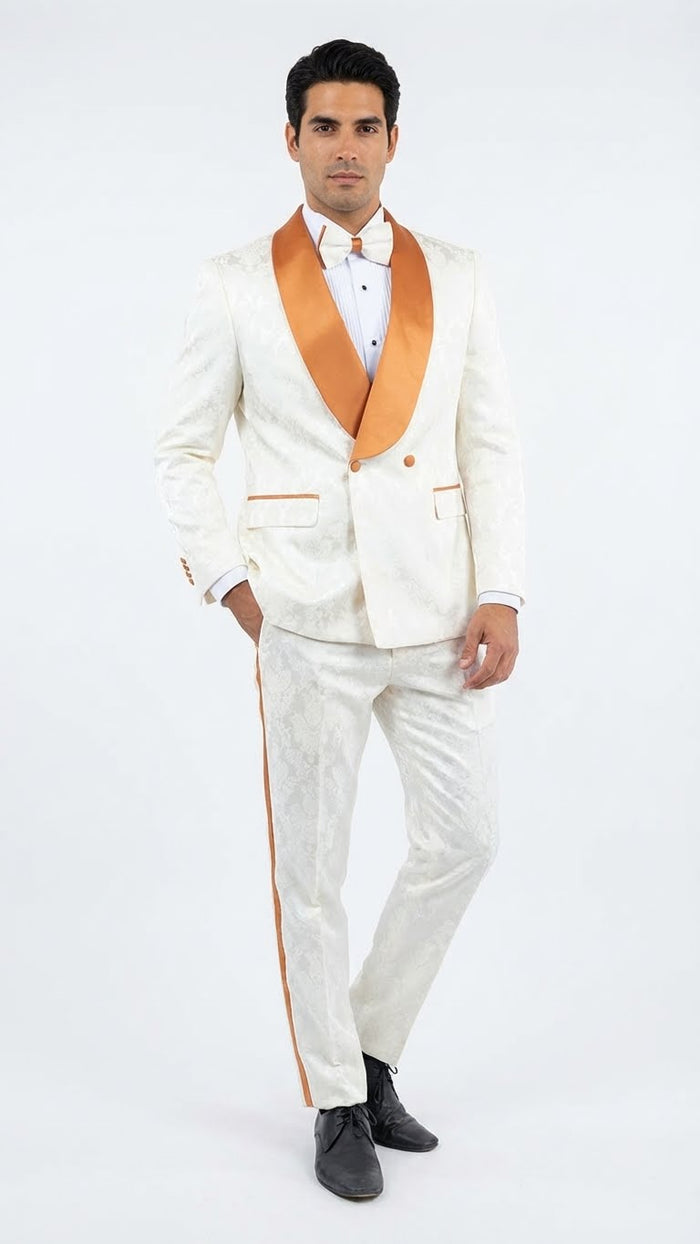 Men's Ivory and Gold Jacquard Tuxedo Suit + Bowtie Formal Wedding, Prom, and Gala Outfit in Cream Off White color