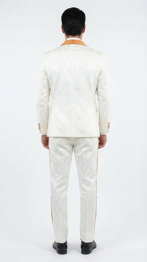 Men's Ivory and Gold Jacquard Tuxedo Suit + Bowtie Formal Wedding, Prom, and Gala Outfit in Cream Off White color