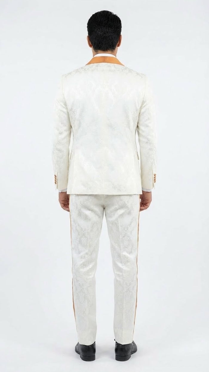 Men's Ivory and Gold Jacquard Tuxedo Suit + Bowtie Formal Wedding, Prom, and Gala Outfit in Cream Off White color