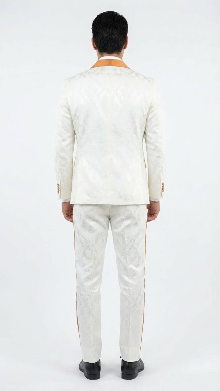 Men's Ivory and Gold Jacquard Tuxedo Suit + Bowtie – Formal Wedding, Prom, and Gala Outfit in Cream Off White color - 34 Short or Extra Small