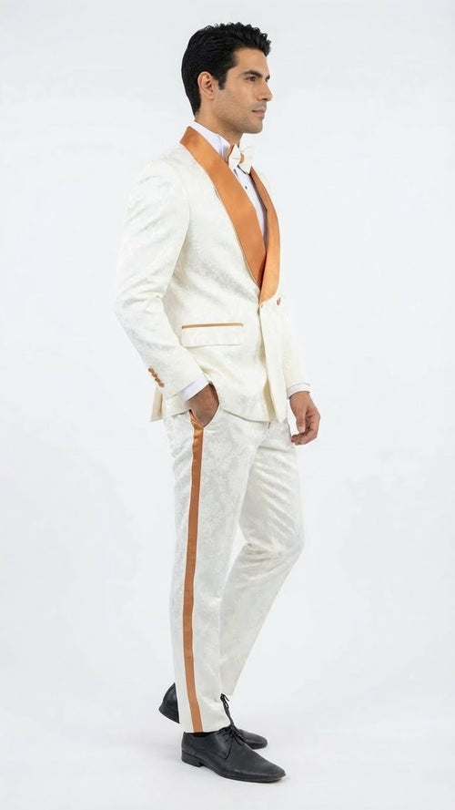 Men's Ivory and Gold Jacquard Tuxedo Suit + Bowtie Formal Wedding, Prom, and Gala Outfit in Cream Off White color