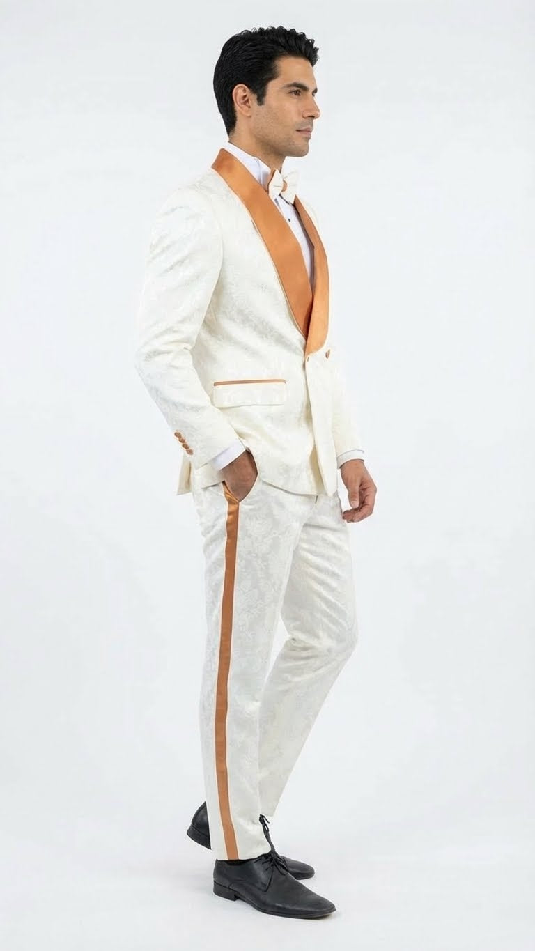 Men's Ivory and Gold Jacquard Tuxedo Suit + Bowtie – Formal Wedding, Prom, and Gala Outfit in Cream Off White color - 34 Short or Extra Small