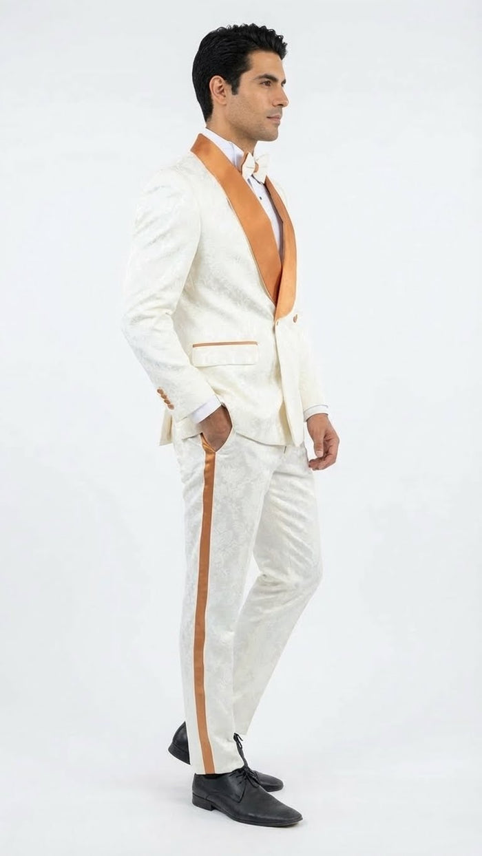Men's Ivory and Gold Jacquard Tuxedo Suit + Bowtie Formal Wedding, Prom, and Gala Outfit in Cream Off White color