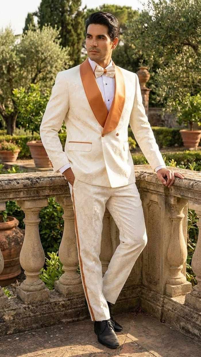 Men's Ivory and Gold Jacquard Tuxedo Suit + Bowtie Formal Wedding, Prom, and Gala Outfit in Cream Off White color