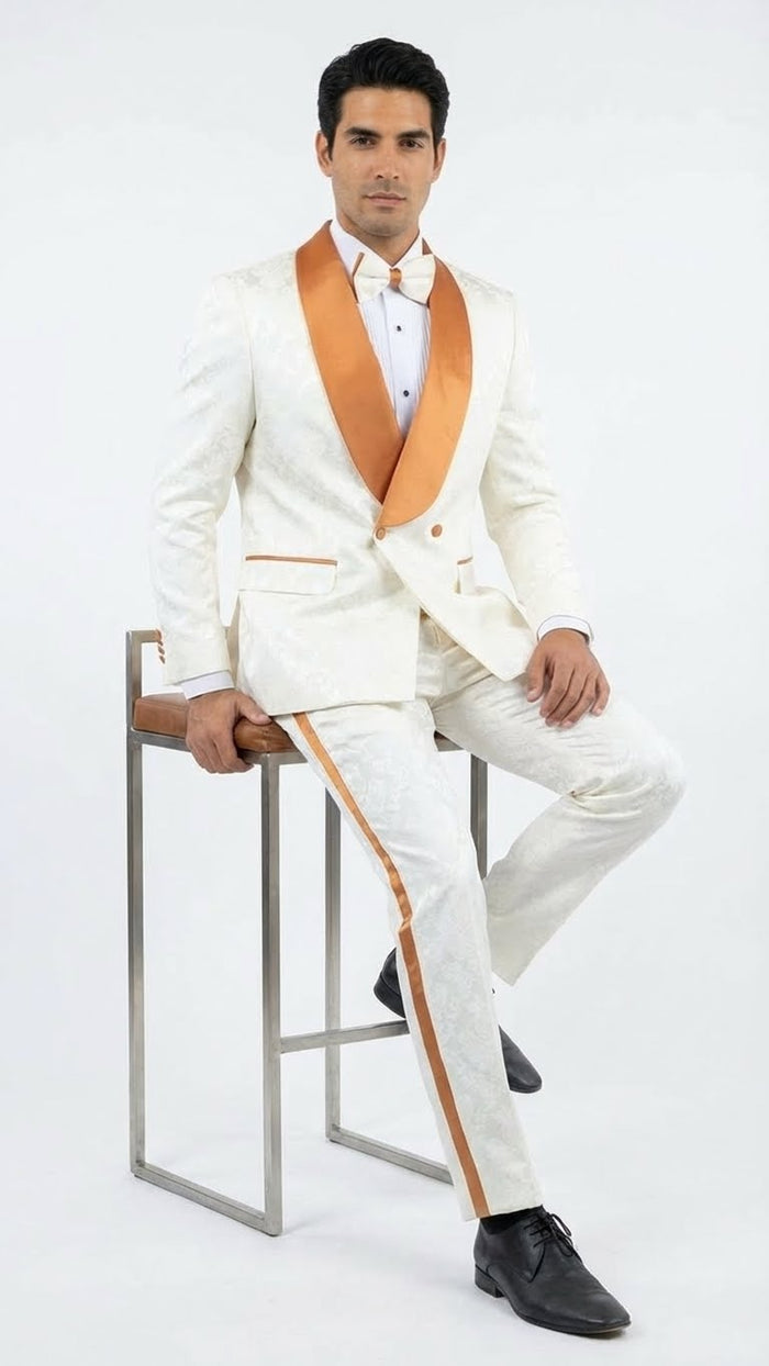 Men's Ivory and Gold Jacquard Tuxedo Suit + Bowtie Formal Wedding, Prom, and Gala Outfit in Cream Off White color