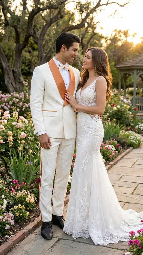 Men's Ivory and Gold Jacquard Tuxedo Suit + Bowtie Formal Wedding, Prom, and Gala Outfit in Cream Off White color