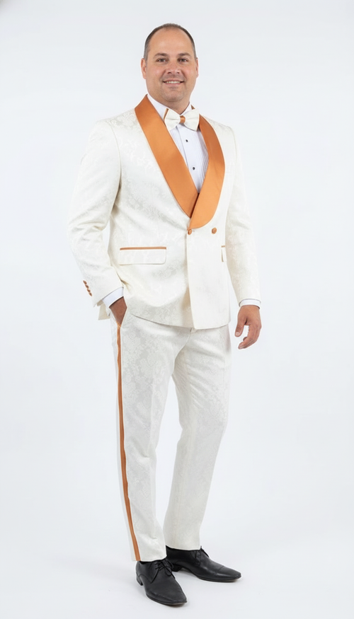 Men's Ivory and Gold Jacquard Tuxedo Suit + Bowtie Formal Wedding, Prom, and Gala Outfit in Cream Off White color