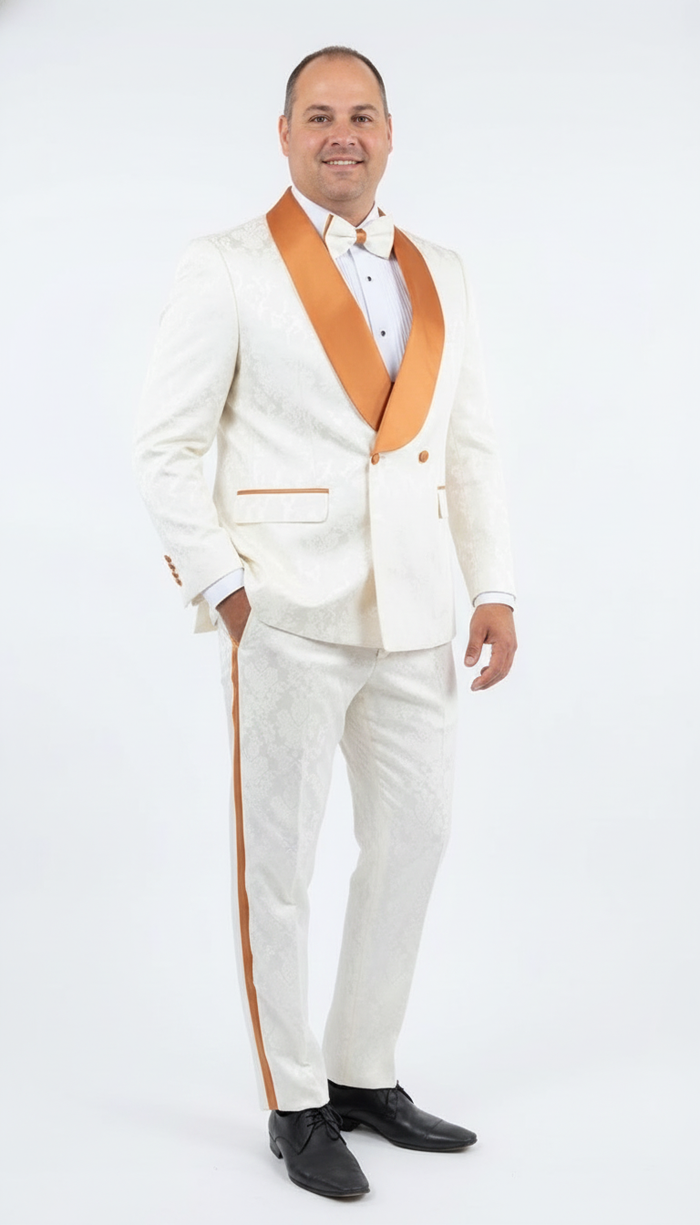 Men's Ivory and Gold Jacquard Tuxedo Suit + Bowtie Formal Wedding, Prom, and Gala Outfit in Cream Off White color