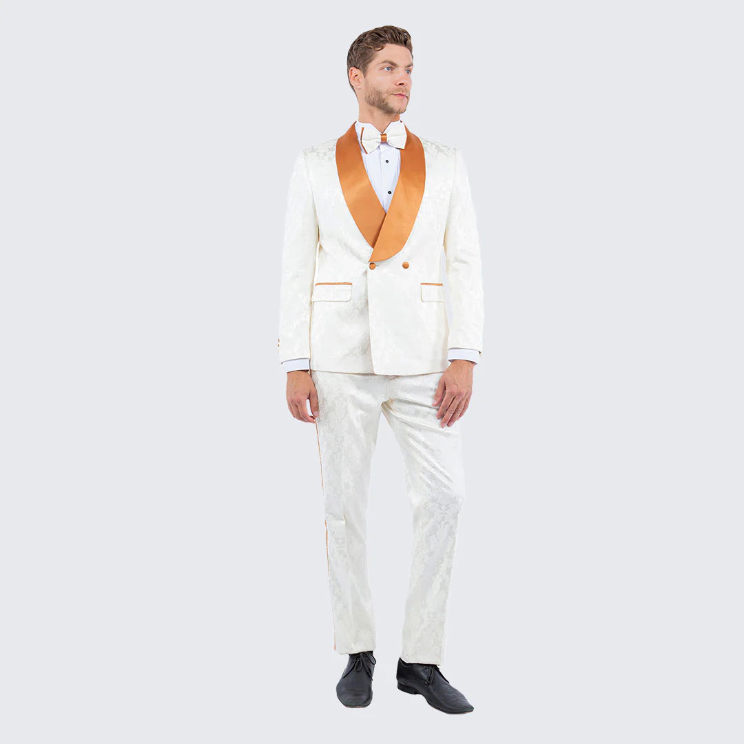 Men's Ivory and Gold Jacquard Tuxedo Suit + Bowtie – Formal Wedding, Prom, and Gala Outfit in Cream Off White color - 34 Short or Extra Small