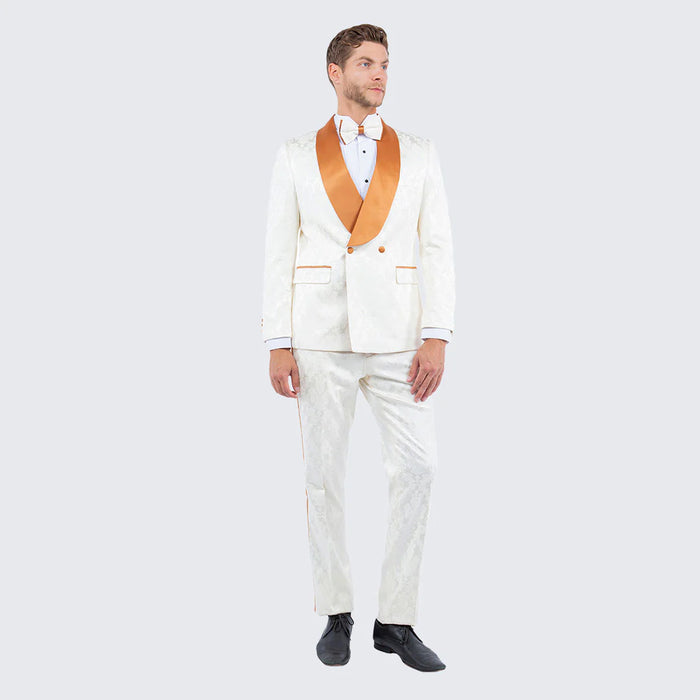 Men's Ivory and Gold Jacquard Tuxedo Suit + Bowtie Formal Wedding, Prom, and Gala Outfit in Cream Off White color