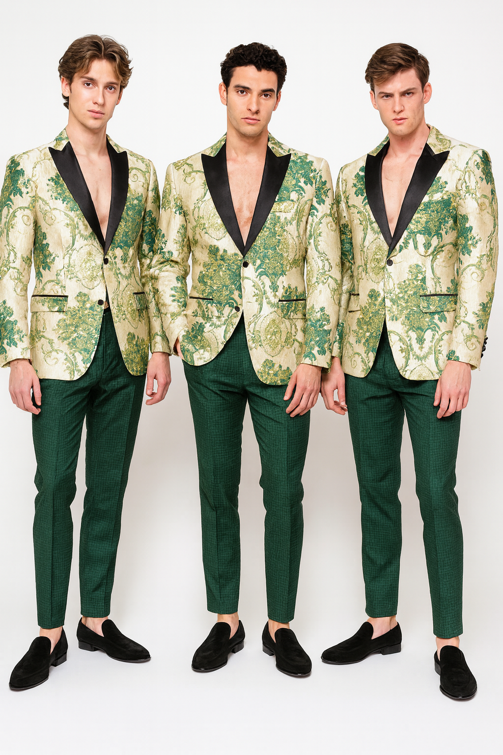 Menâ€™s Ivory and Green Suit Floral Embroidered Tuxedo Jacket with Black Satin Lapel â€“ Designer Blazer for Weddings With Hutner Green Pants - 34 Short or Extra Small