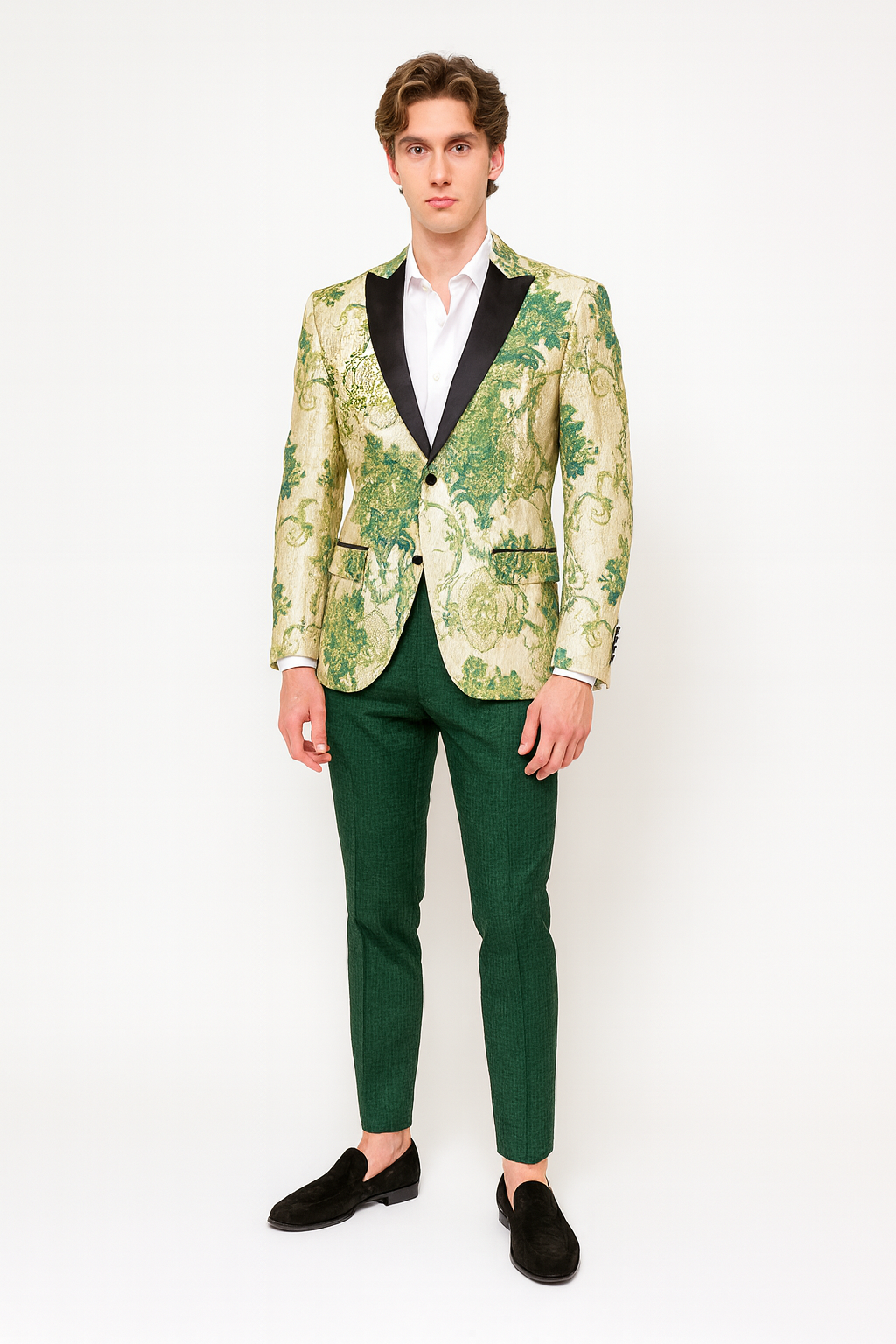 Menâ€™s Ivory and Green Suit Floral Embroidered Tuxedo Jacket with Black Satin Lapel â€“ Designer Blazer for Weddings With Hutner Green Pants - 34 Short or Extra Small