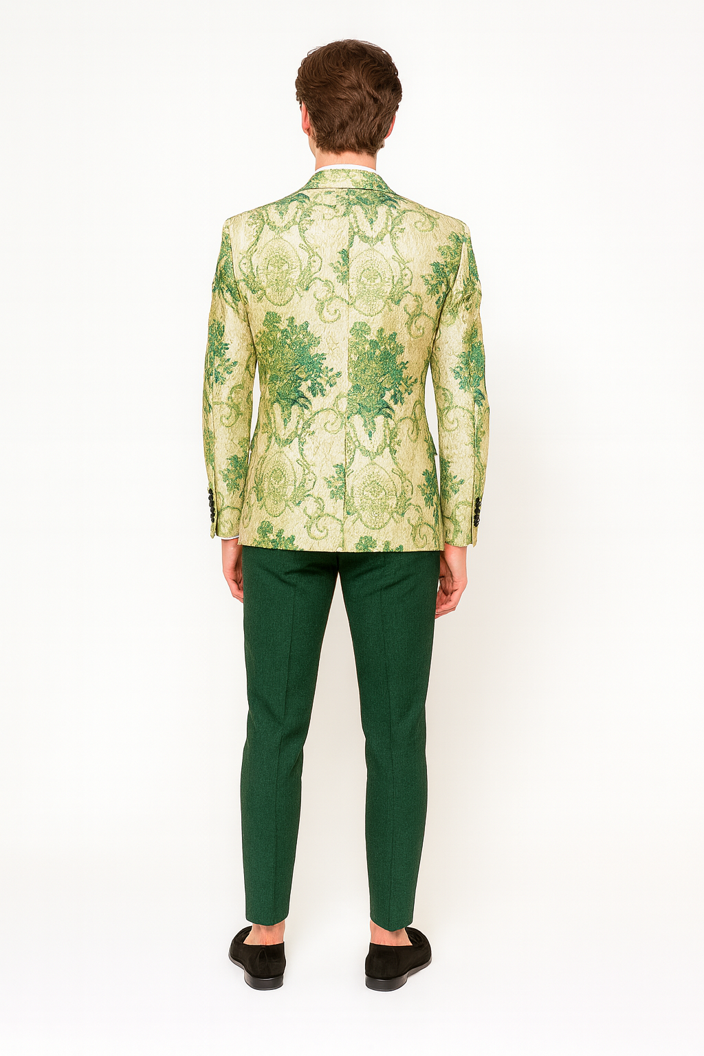 Men’s Ivory and Green Suit Floral Embroidered Tuxedo Jacket with Black Satin Lapel – Designer Blazer for Weddings With Hutner Green Pants - 34 Short or Extra Small