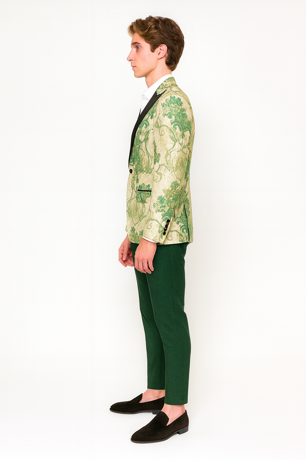 Menâ€™s Ivory and Green Suit Floral Embroidered Tuxedo Jacket with Black Satin Lapel â€“ Designer Blazer for Weddings With Hutner Green Pants - 34 Short or Extra Small