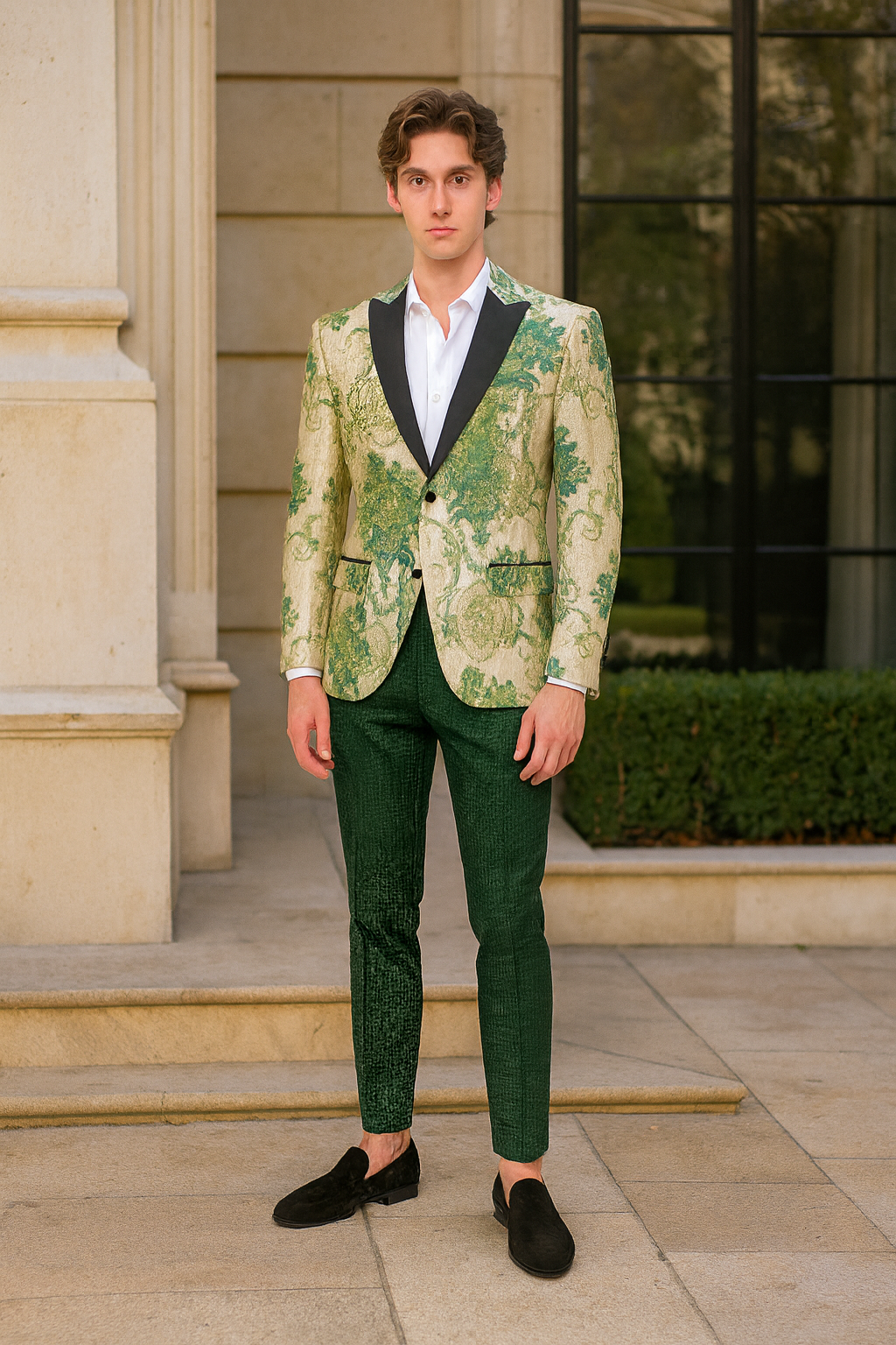 Menâ€™s Ivory and Green Suit Floral Embroidered Tuxedo Jacket with Black Satin Lapel â€“ Designer Blazer for Weddings With Hutner Green Pants - 34 Short or Extra Small