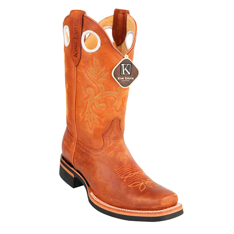 Men's King Exotic Boots Genuine Leather Square Toe Handcrafted Cognac (48152703) - 6 E