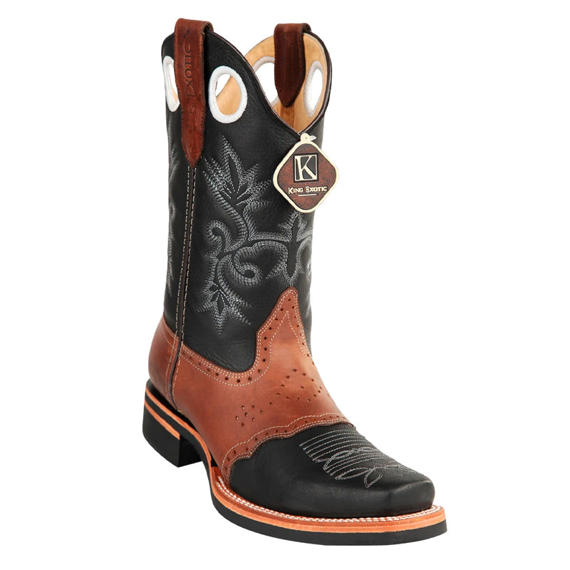 Men's King Exotic Boots Genuine Leather With Saddle Vamp Handcrafted  Black & Brown  (48112705-2) - 6 E
