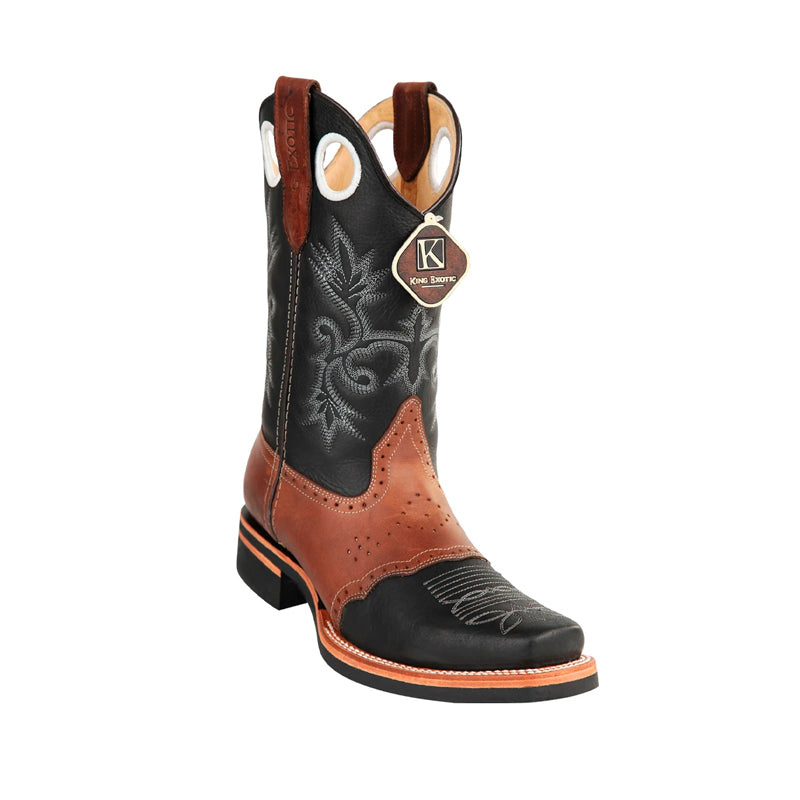 Men's King Exotic Boots Genuine Leather With Saddle Vamp Handcrafted Black & Brown (48112705-2) - 6 E