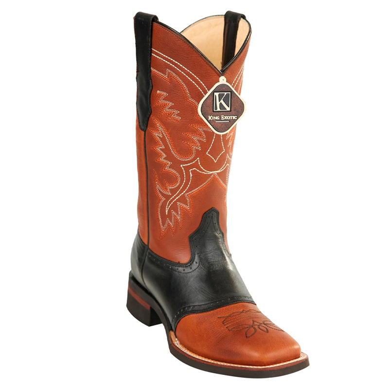 Men's King Exotic Boots Genuine Leather With Saddle Vamp Handcrafted Honey & Black (48232751) - 6 E