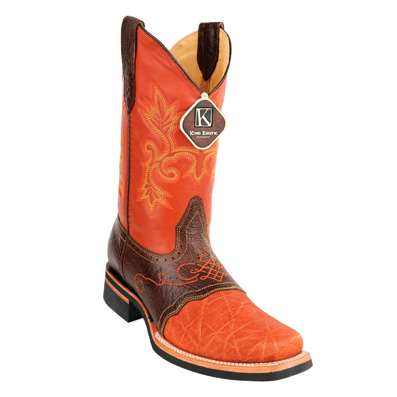 Men's King Exotic Elephant Skin Boots Rubber Sole & Saddle Square Toe Handcrafted Cognac  (48167003) - 6 E