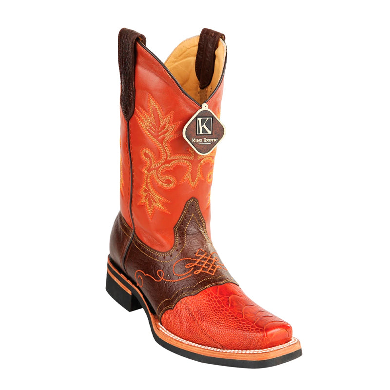 Men's King Exotic Ostrich Leg Boots With Rubber Sole & Saddle Square Toe  Cognac  (48160503) - 6 E