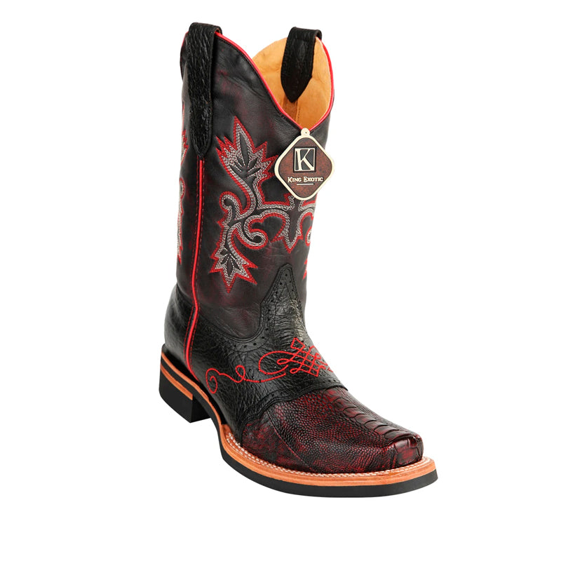 Men's King Exotic Ostrich Leg Boots With Rubber Sole & Saddle Square Toe Black Cherry (48160518) - 6 E