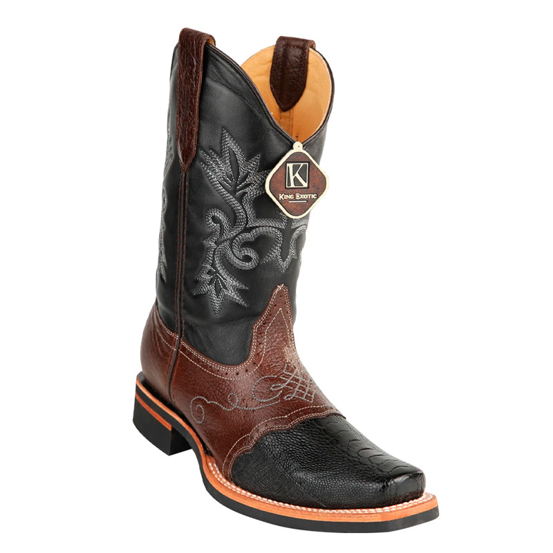 Men's King Exotic Ostrich Leg Boots With Rubber Sole & Saddle Square Toe Black (48160505) - 6 E